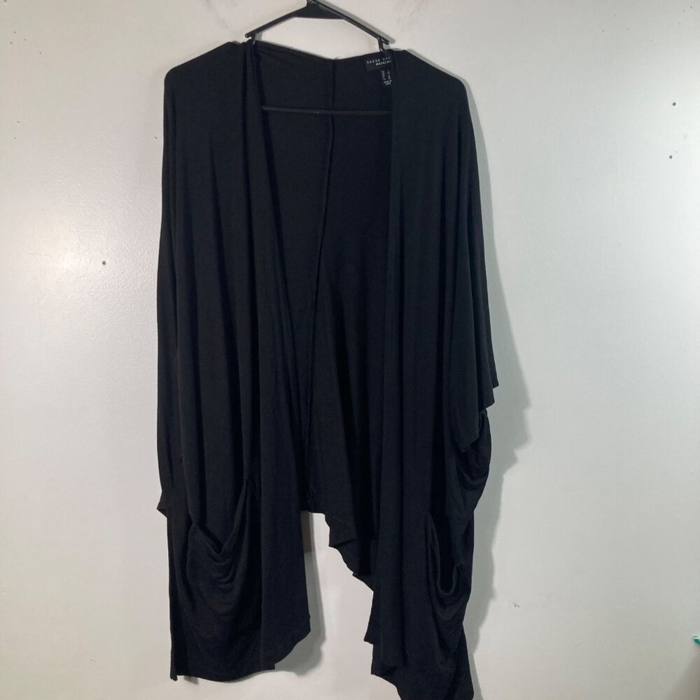 Womens Susan Graver Weekend Relaxed Cardigan Open Front Black L Pockets